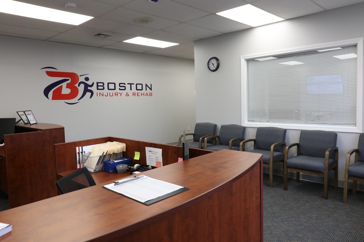 Reception area at Boston Injury & Rehab in Quincy